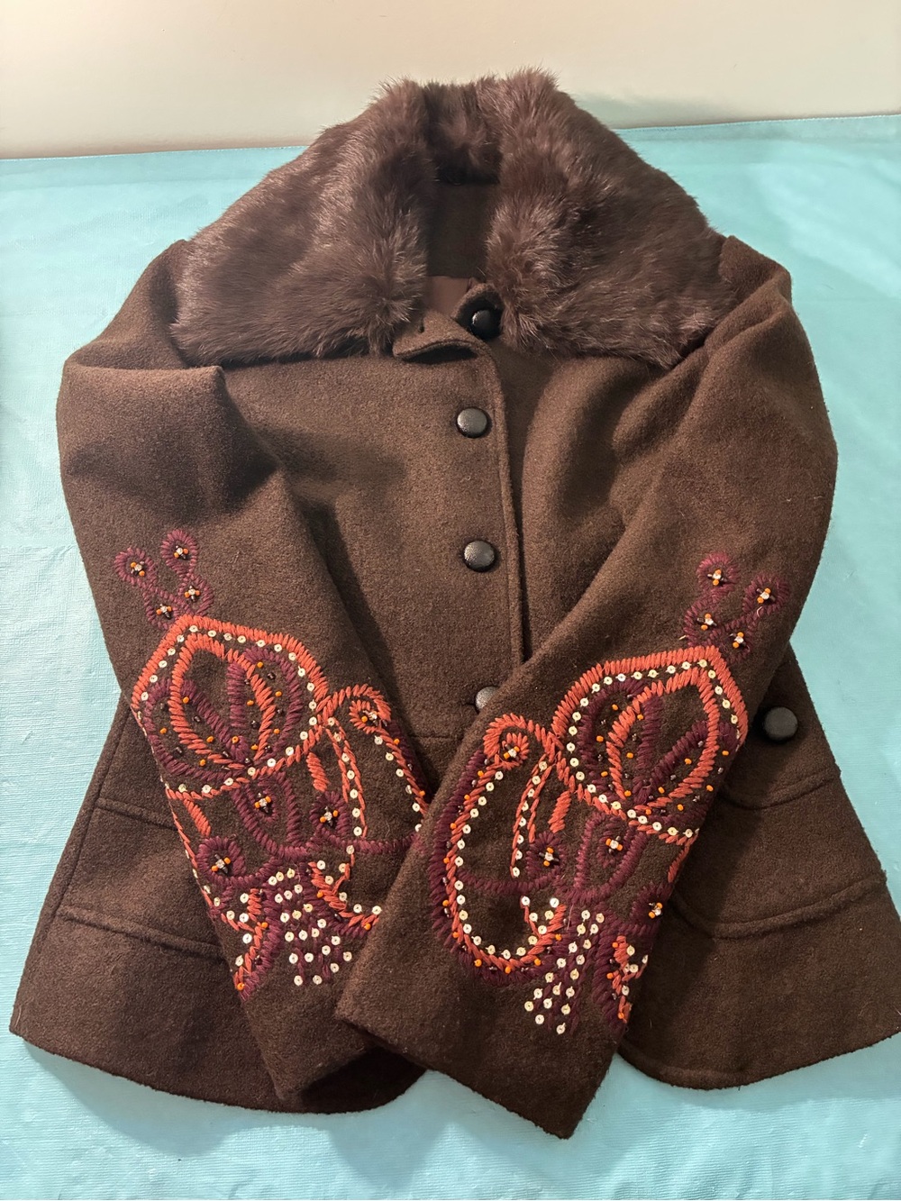 Women's Brown Wool Jacket with Fur Collar and Embroidered Sleeves Size Small
